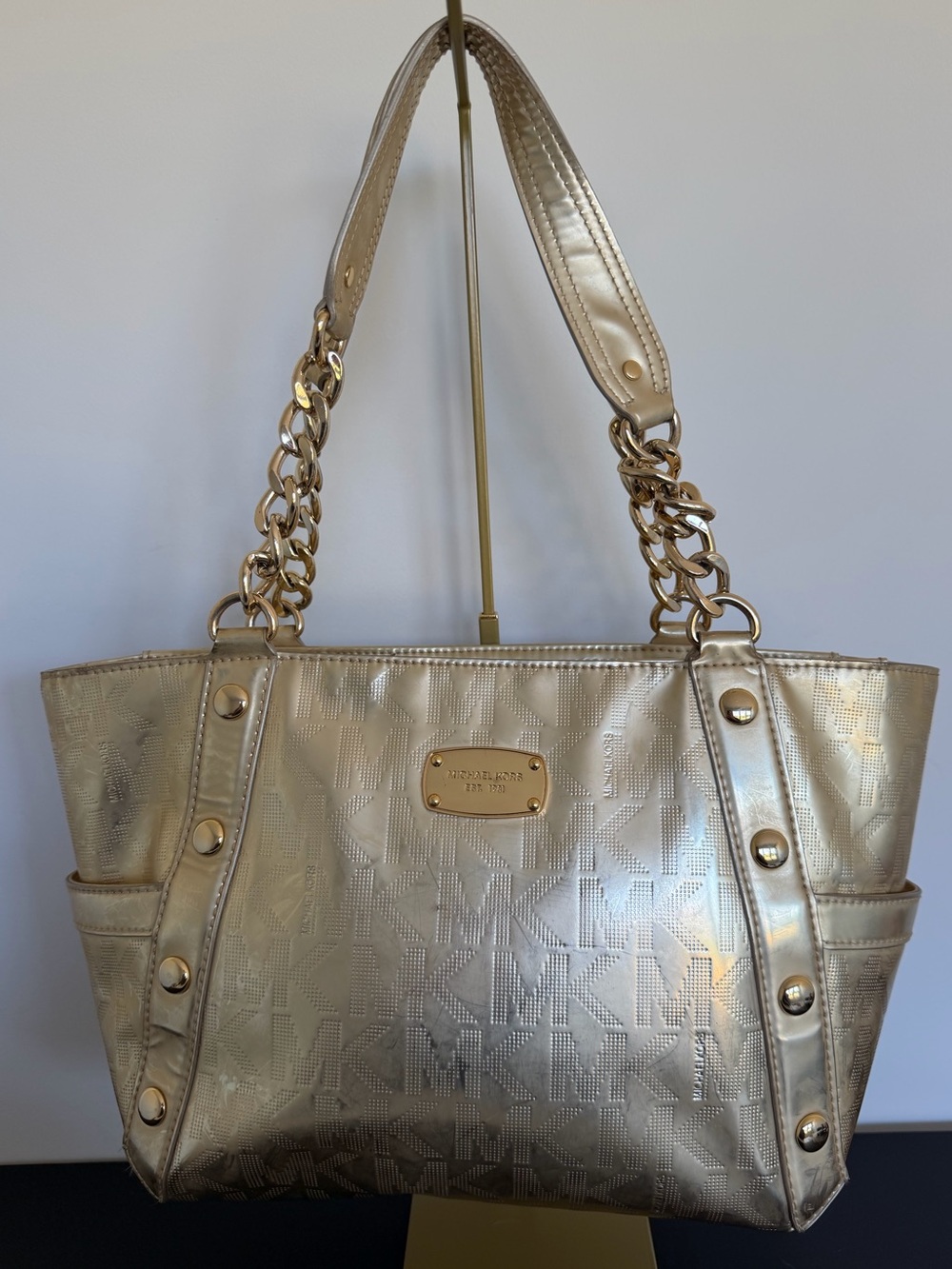 Michael Kors Metallic Gold Signature MK Monogram Chain Strap Tote Bag